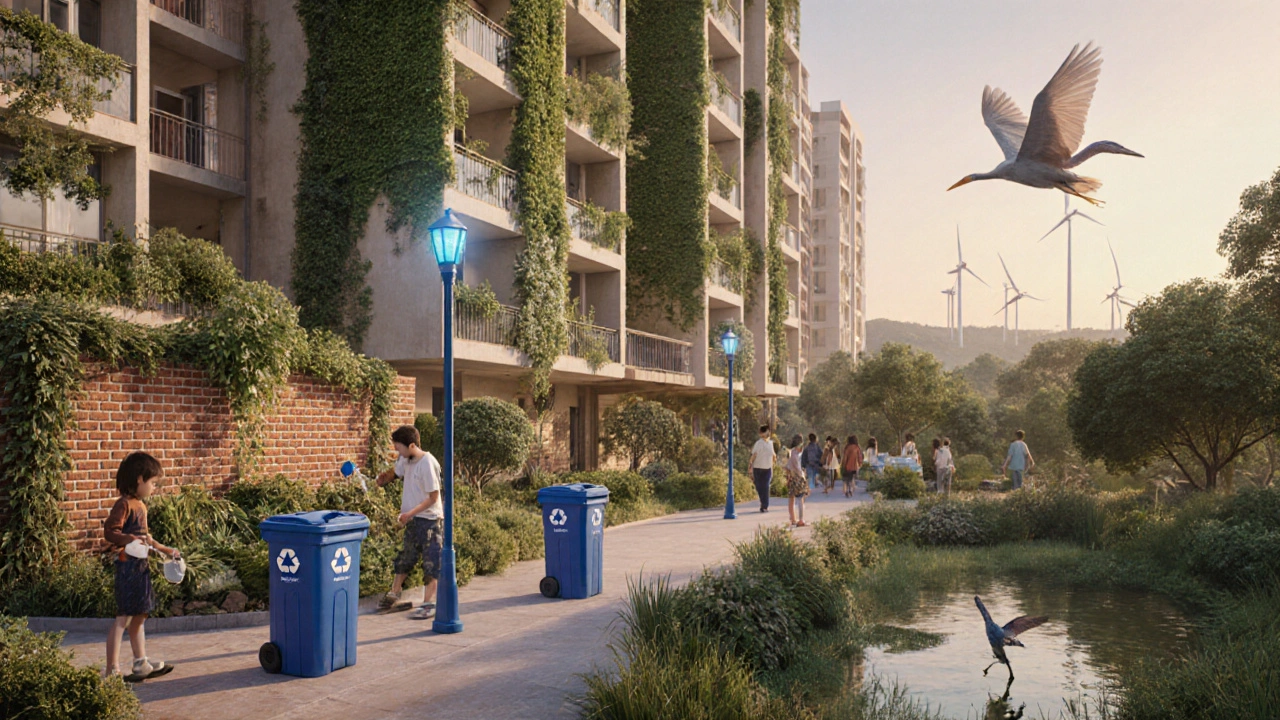 Eco-friendly residential building with vertical gardens and solar lighting in Asansol.