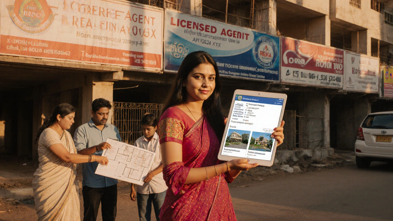 Female real estate agent showing property plans to a family near a new residential layout in Guntur.