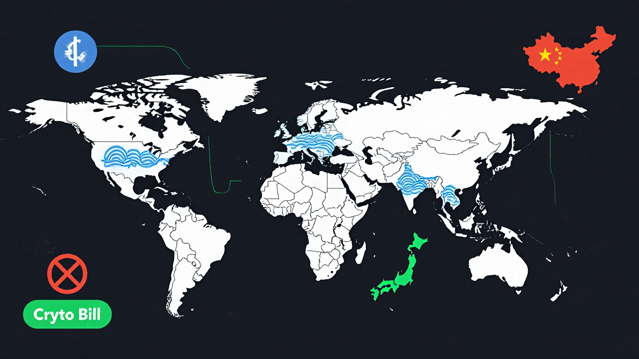 Global map showing different countries&#039; crypto regulation statuses with color-coded zones and key symbols.