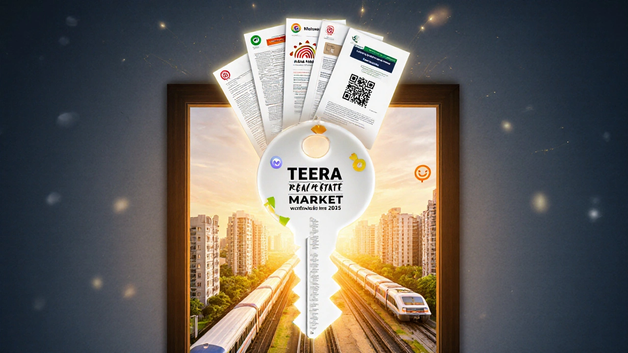 Glowing key made of documents unlocking the Thane real estate market.
