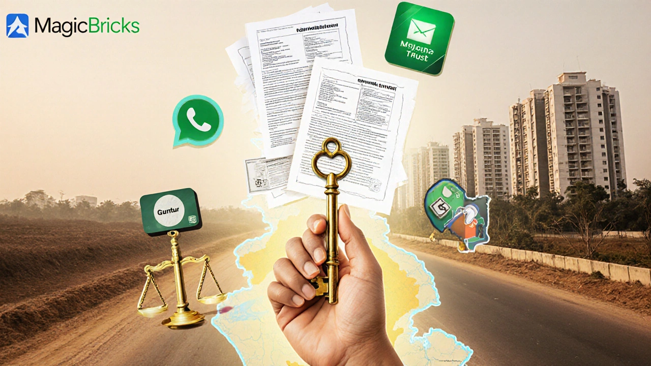 Hand holding a key made of legal documents rising above a map of Guntur, symbolizing real estate empowerment.
