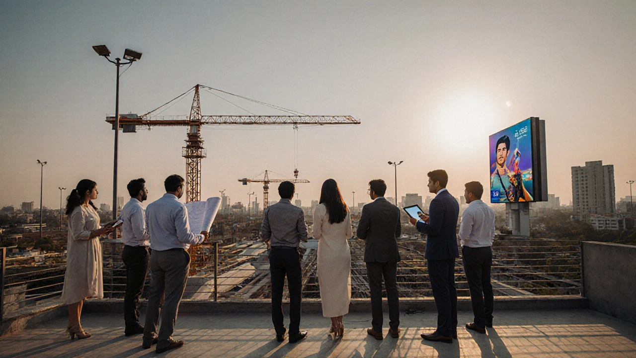 Investors on a rooftop overlooking a future metro construction site in Gurgaon at dusk.