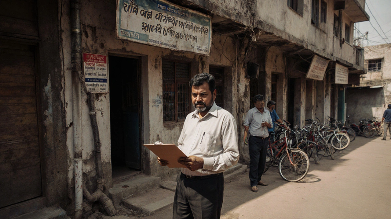 Local property agent speaking with tenant outside building while plumber repairs pipe in background.