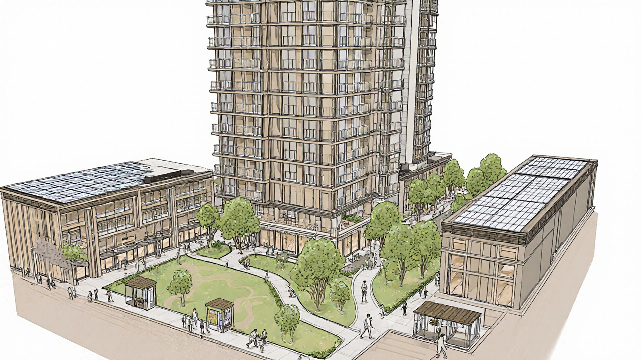 Mixed-use tower in Palasia with offices, apartments, green spaces, and solar panels in urban design.
