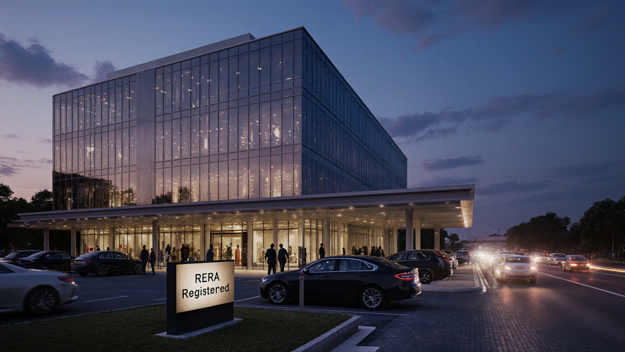 Modern office complex at dusk with glass facades and parked cars in Asansol Business Park.