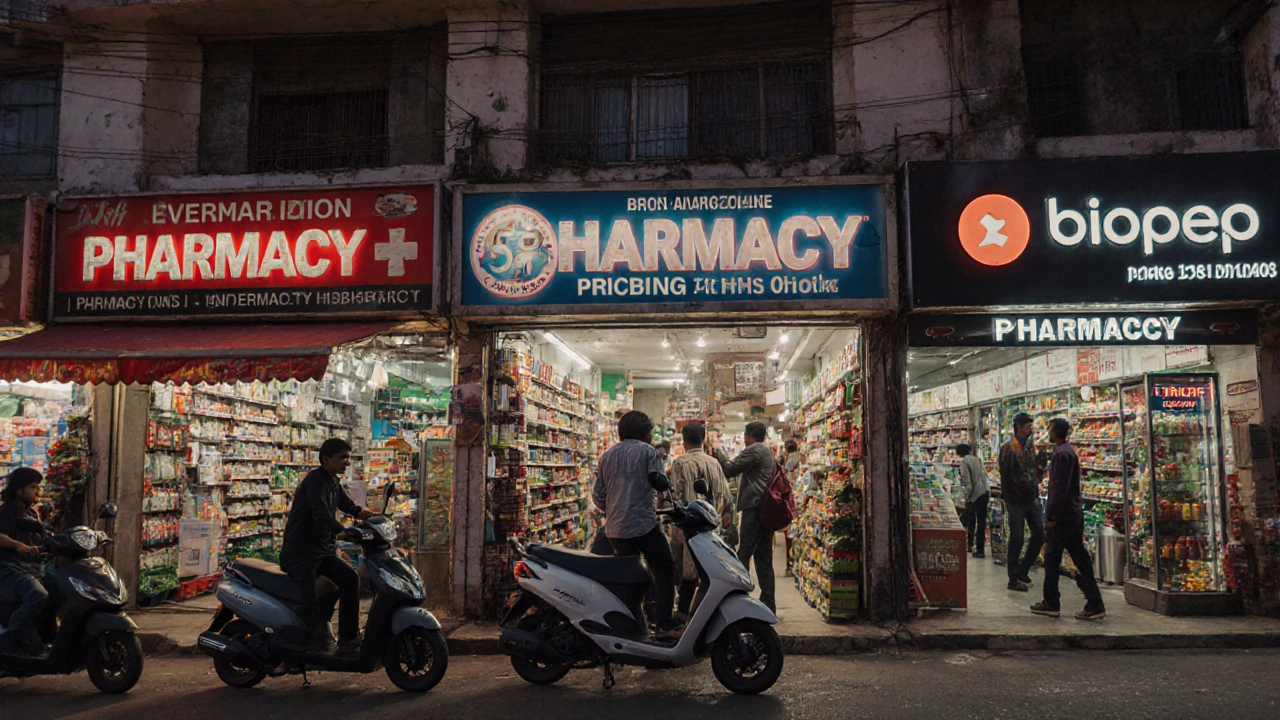 Neighborhood retail cluster with pharmacy, grocery, and coffee shop in Dwarka