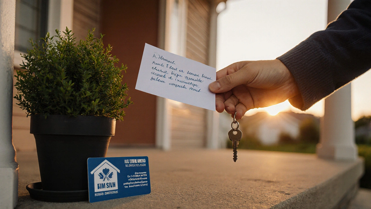 New homeowner receiving key and handwritten note on their front porch at sunrise.
