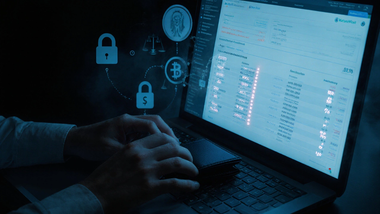 Person reviewing crypto transactions on a wallet interface with tax software and an IRS notice in the background.