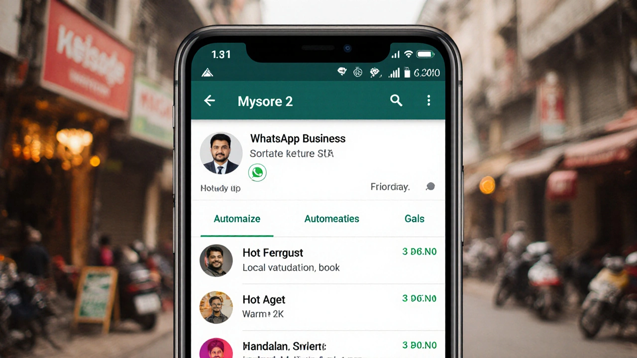 Smartphone screen showing WhatsApp Business profile and property inquiries in Mysore.
