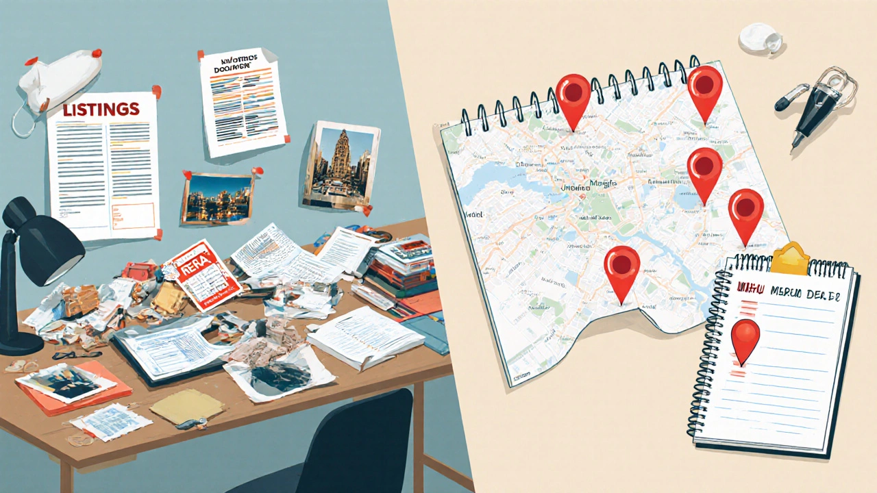 Split scene comparing fake listings with authentic documents and local market knowledge.