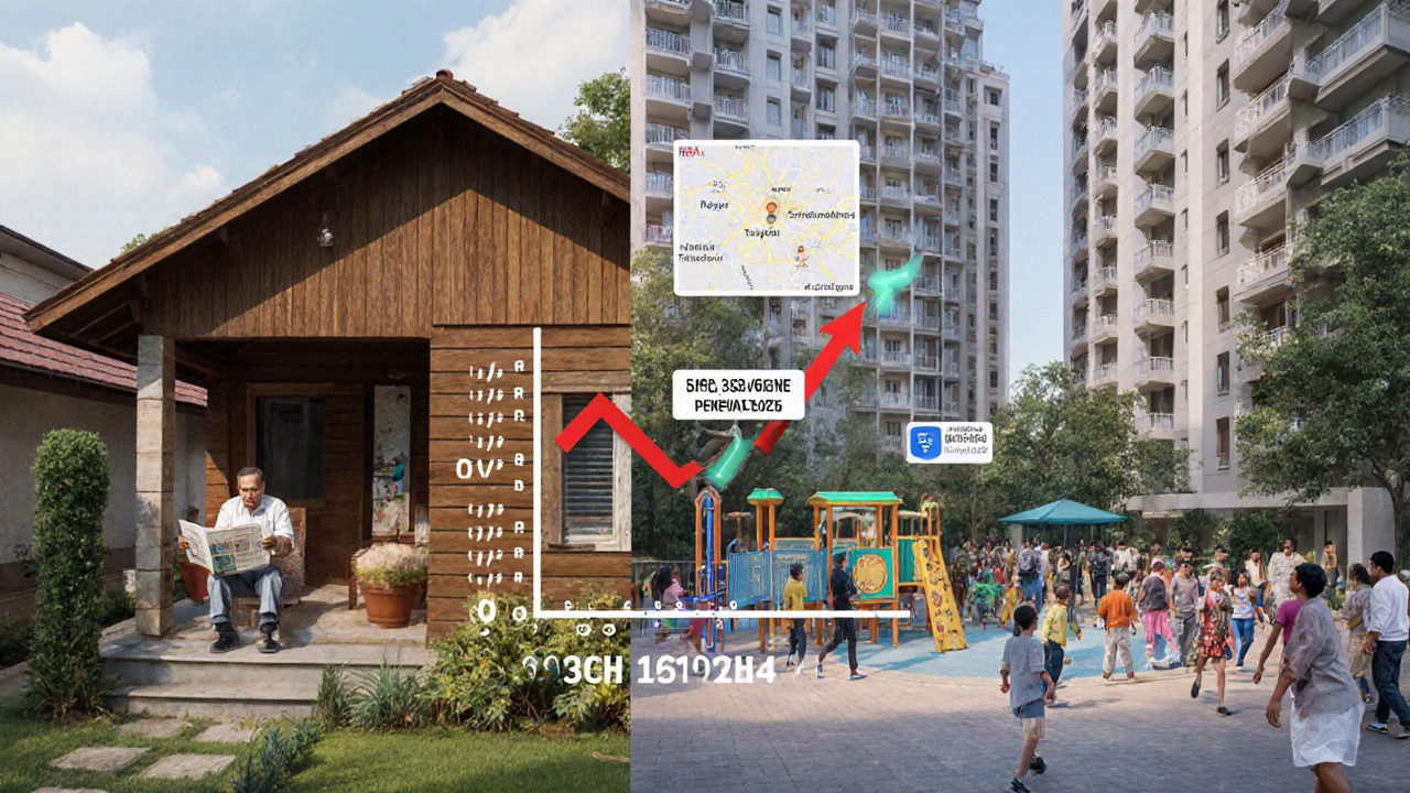 Split-screen concept: old bungalow vs. modern high-rise apartment complex, symbolizing Dehradun’s real estate transformation.