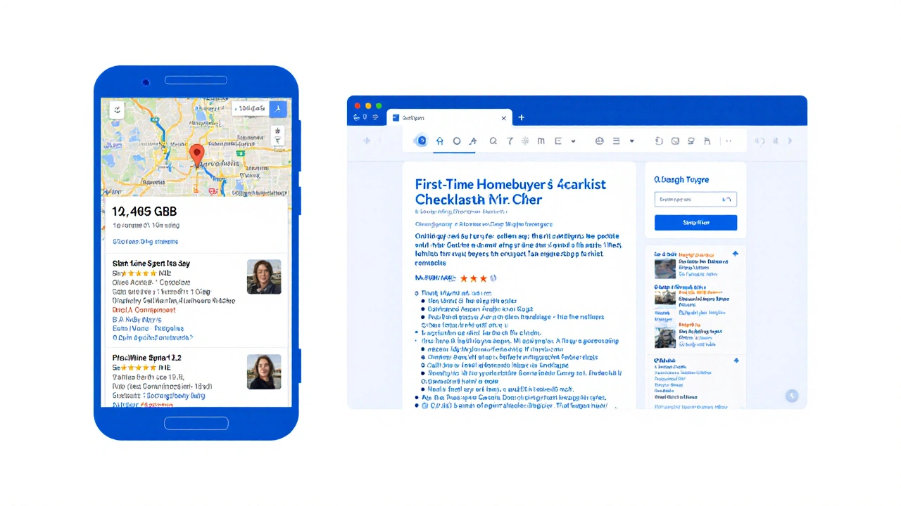 Split-screen of mobile Google Maps ranking and desktop blog post about Colorado homebuying tips.