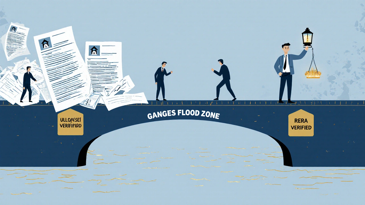 Symbolic bridge of documents guiding buyers safely across flood-risk area, away from unlicensed agents.