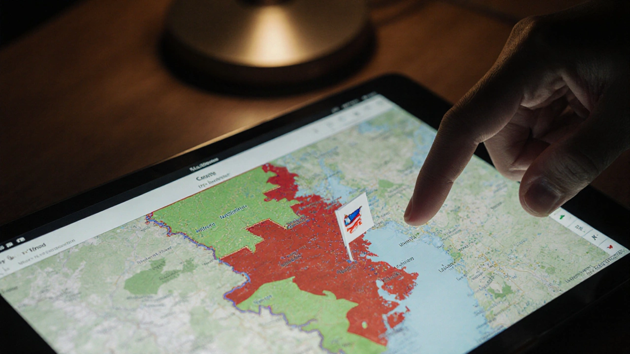 Tablet displaying GIS map with flood zones and property boundaries in color overlays.