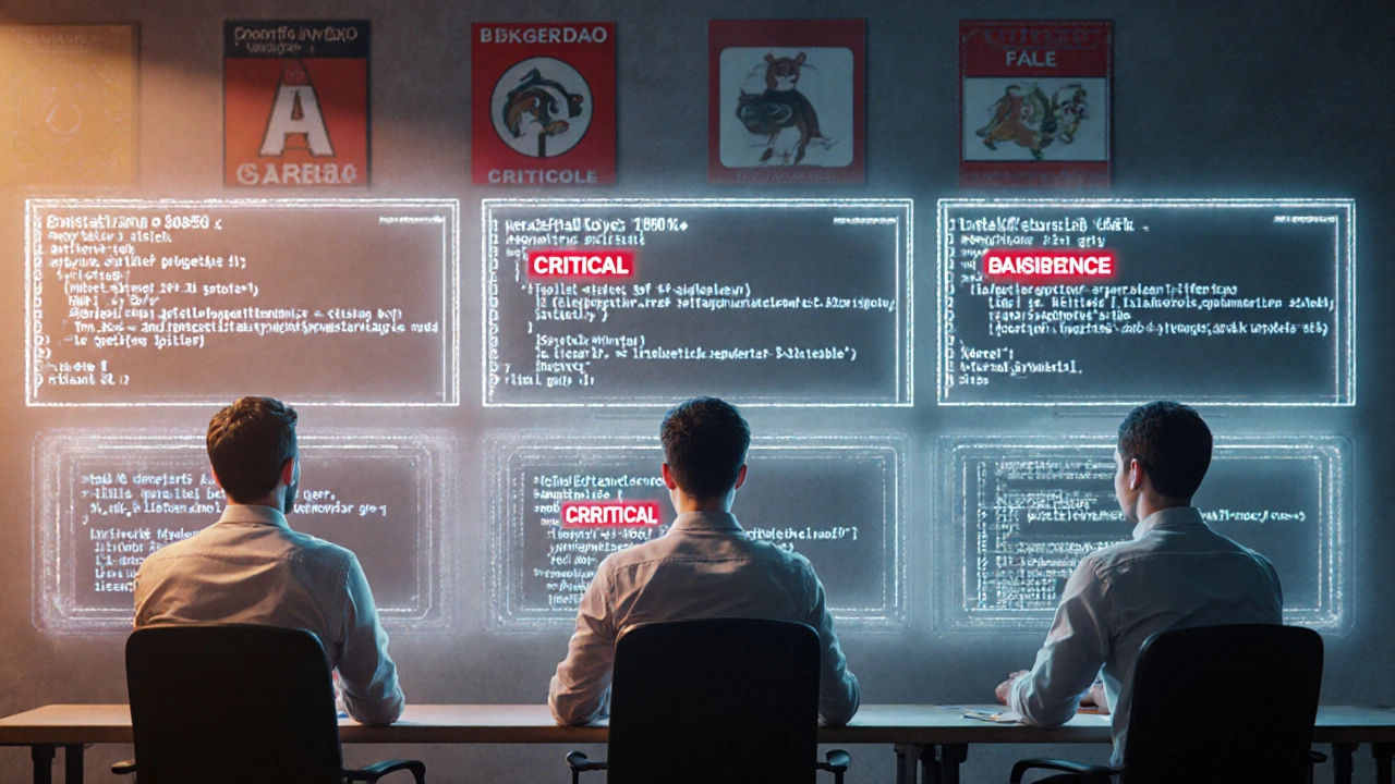 Three auditors analyzing holographic DeFi code, with past hack events displayed behind them