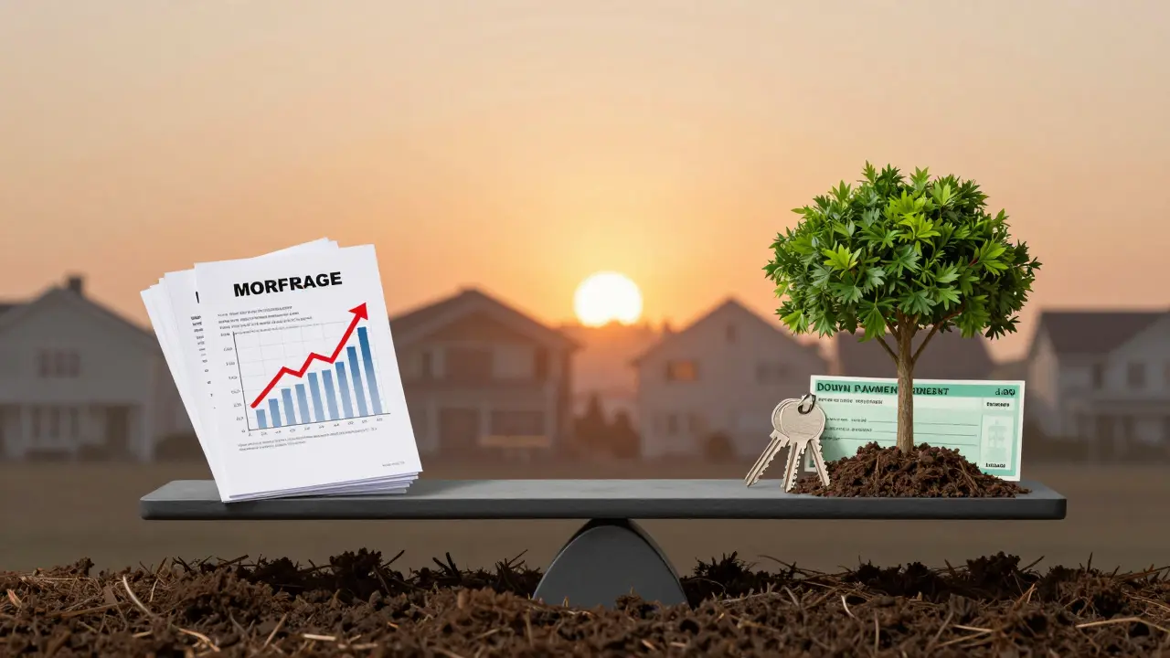 A balanced scale with mortgage documents on one side and a house key and grant check on the other.