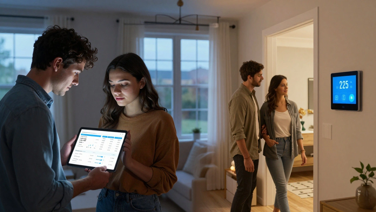 A couple reviews real estate data on a tablet while walking through a modern, energy-efficient home interior.