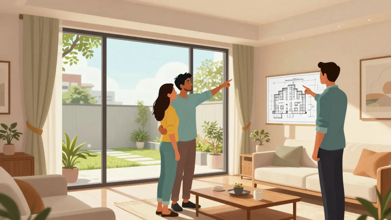 A couple views a modern apartment in Thiruninravur with the International Medical City visible in the distance.