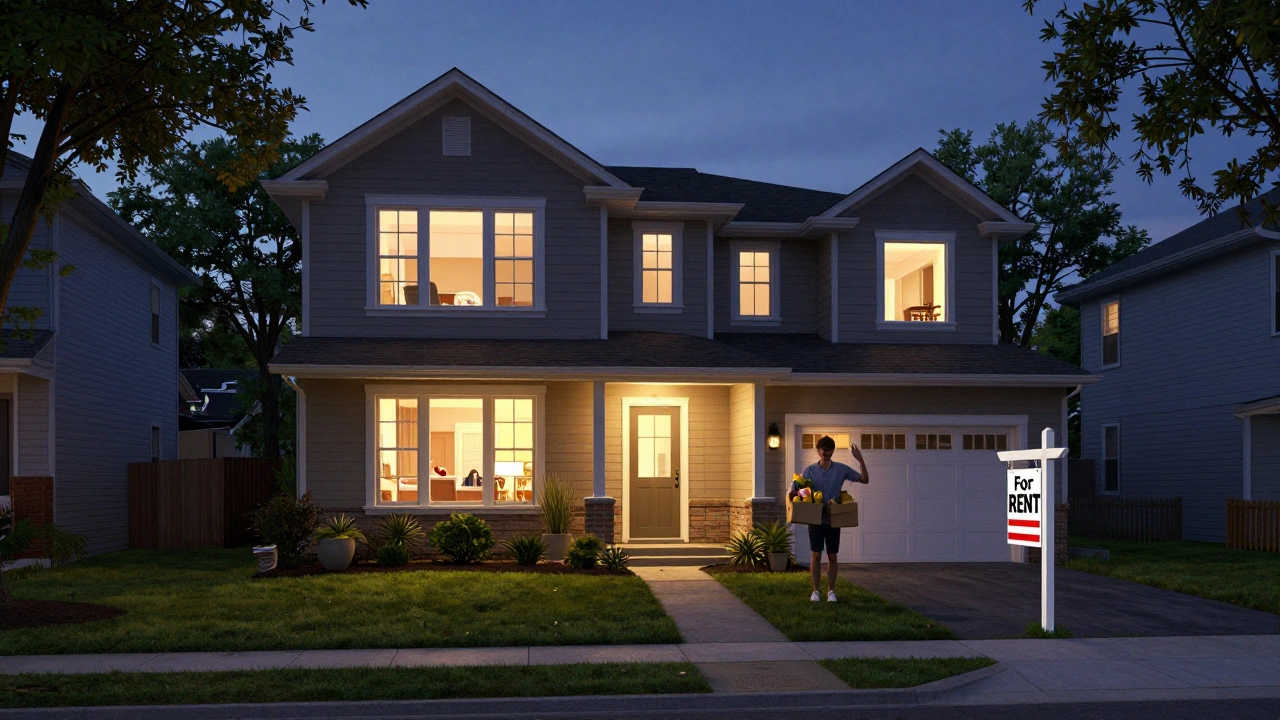 A duplex at dusk: one side is a family home, the other a rental unit, with a homeowner waving to a tenant.