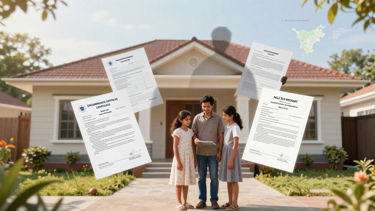 A family stands before their new home with floating legal documents, while forged papers fade away in the background.