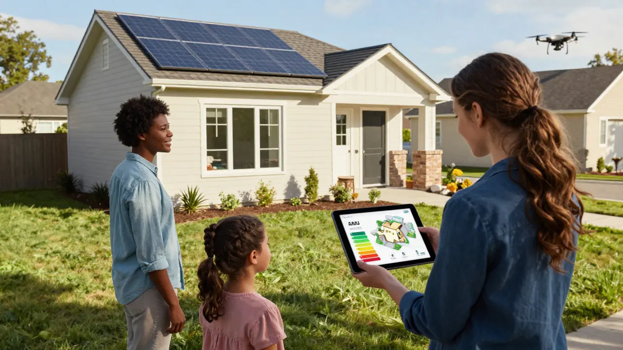 A family touring a smart home with an agent showing a 3D floor plan on a tablet.