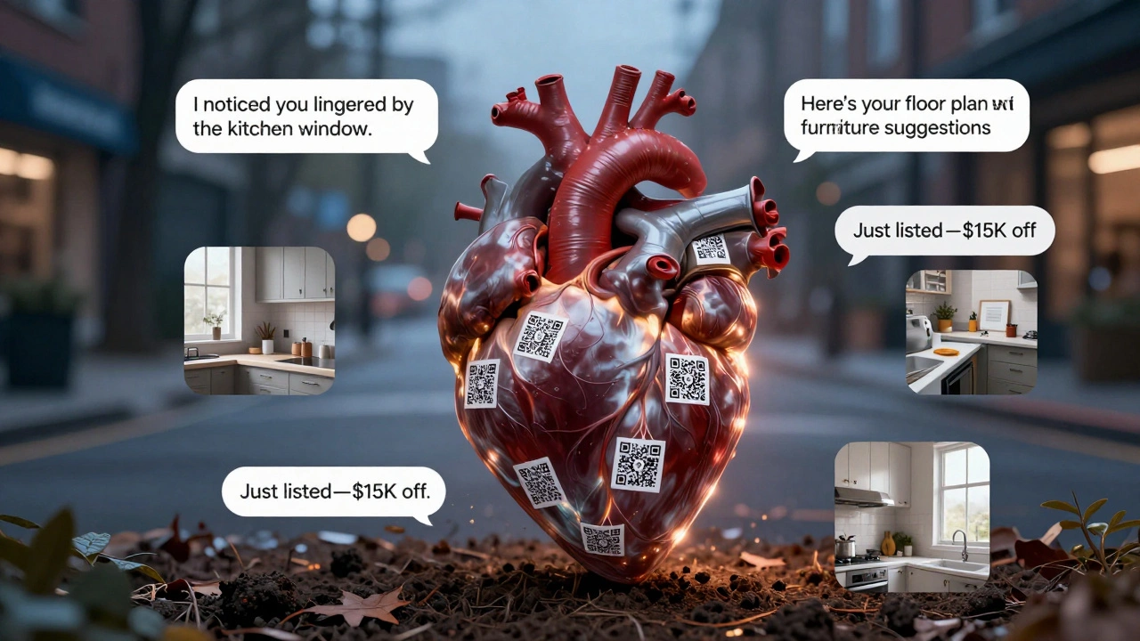 A heart formed from personalized text messages, rooted in QR codes and Instagram posts of morning light in a kitchen.