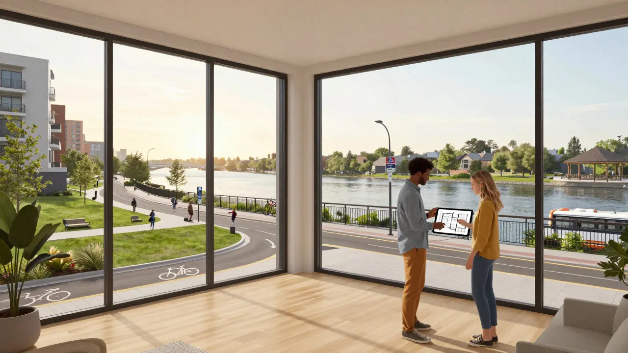 A modern downtown Salem condo with a riverfront view, showcasing walkability, new transit infrastructure, and diverse buyers.