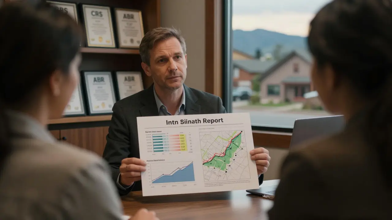 Advisor presenting investment property analysis with charts and certifications on a shelf, evening light through a window.