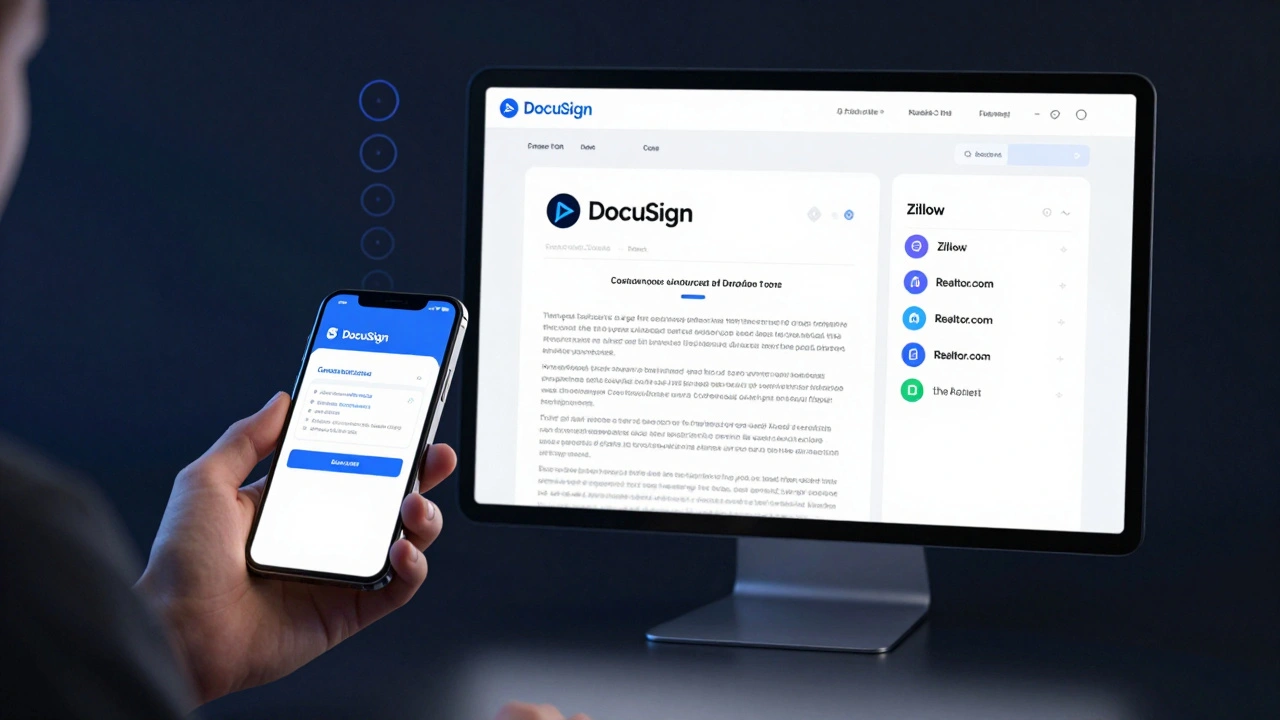 Agent on mobile sending automated texts while a computer syncs property listings across multiple platforms.