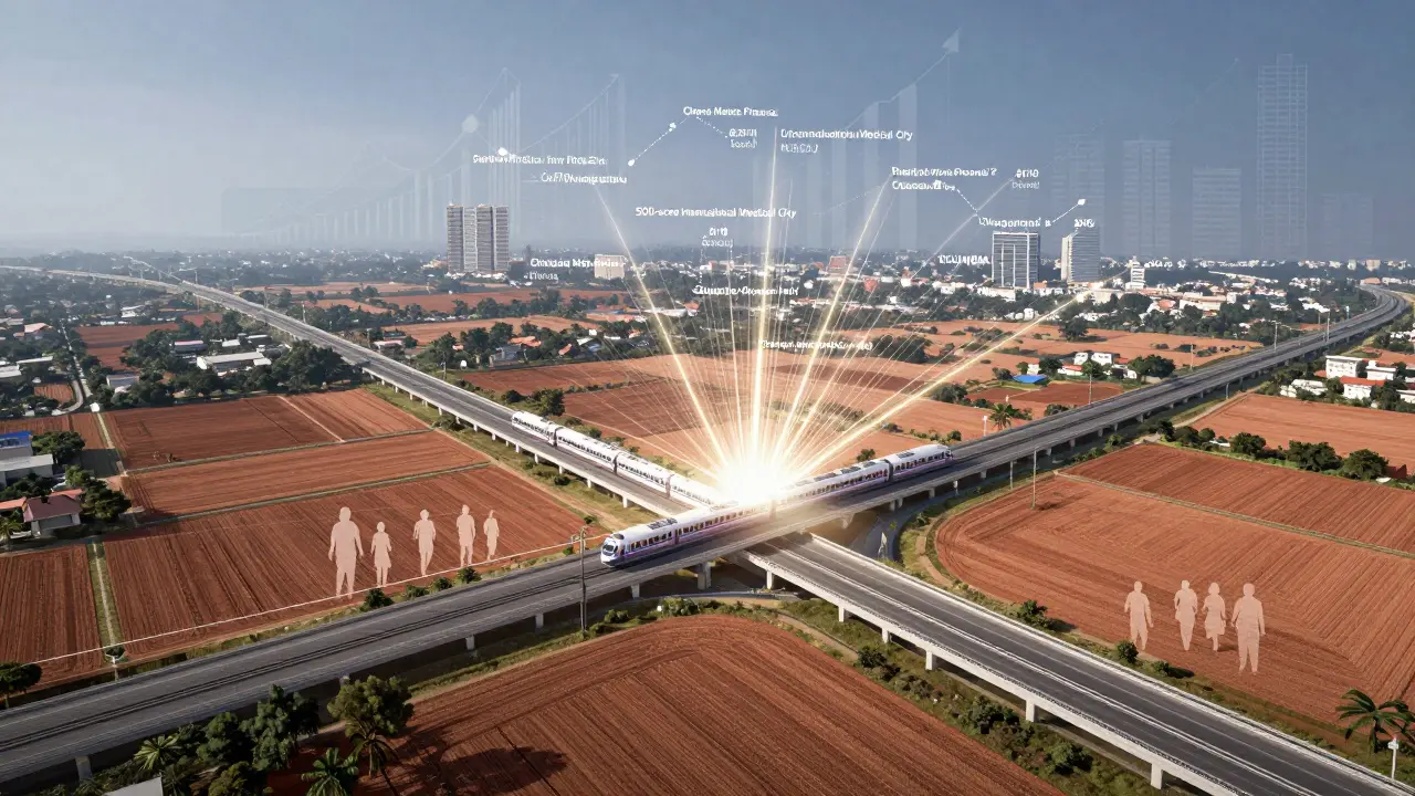 Artistic composite of Chennai's future infrastructure: expressway, metro, and medical city with rising property growth.