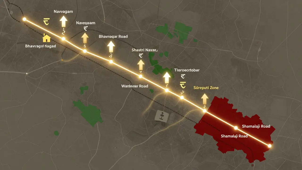 Conceptual map of Rajkot highlighting metro-linked property value growth zones and neglected areas in stylized infographic style.
