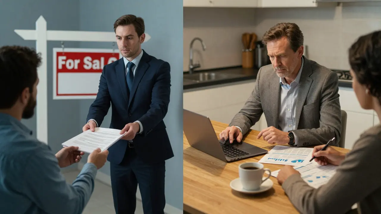 Contrasting scenes: a rushed agent handing papers vs. a calm advisor analyzing finances with a client at a kitchen table.