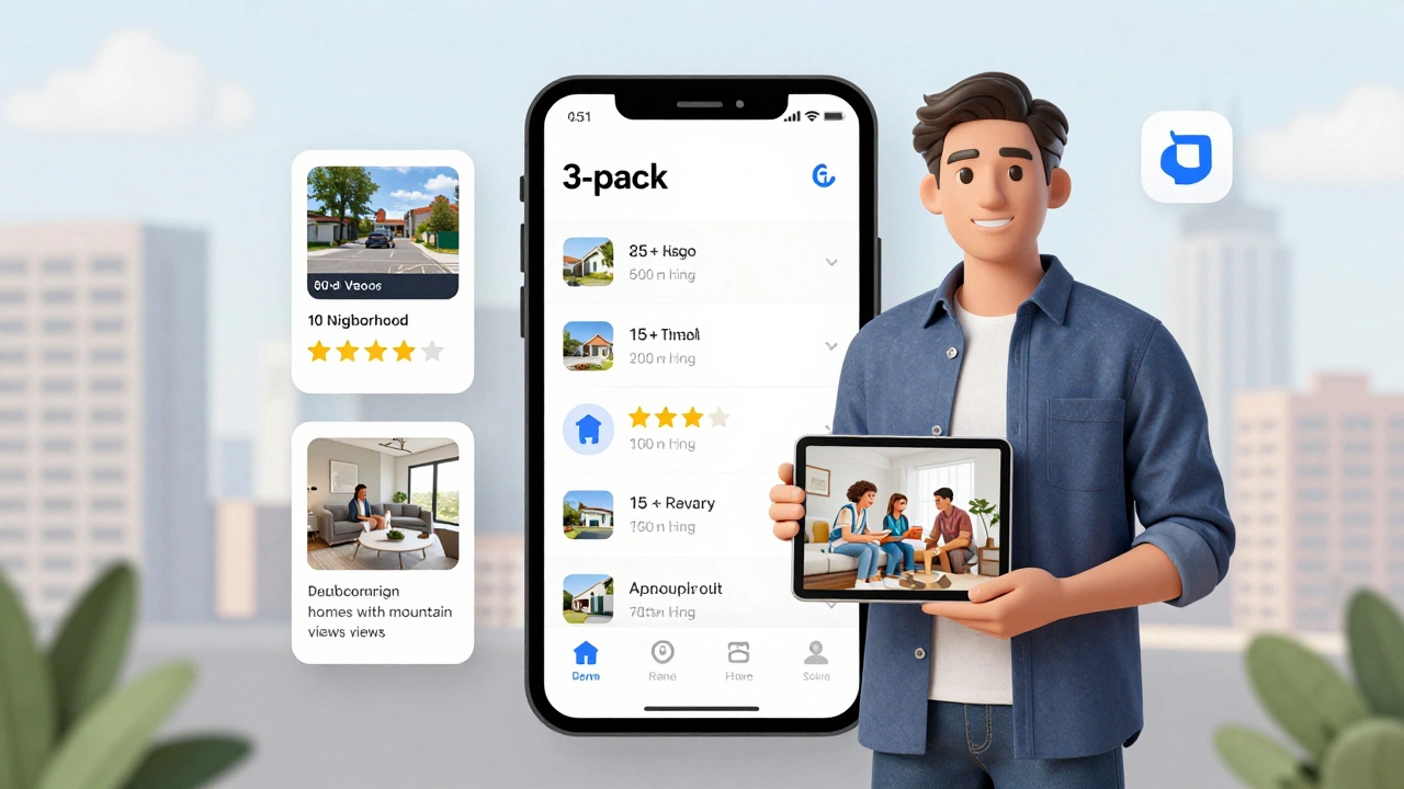 Digital illustration of a real estate agent beside a Google Maps 3-pack listing, surrounded by photos, reviews, and local keywords.