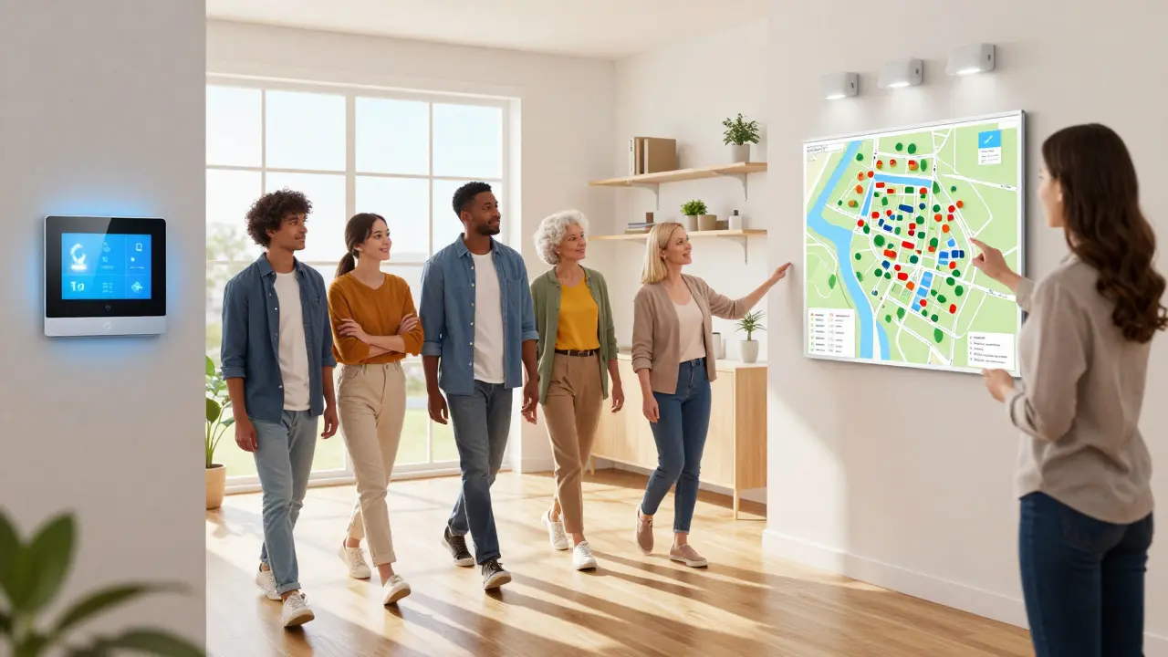 Diverse buyers touring a staged home with smart features and sunlight streaming through windows.