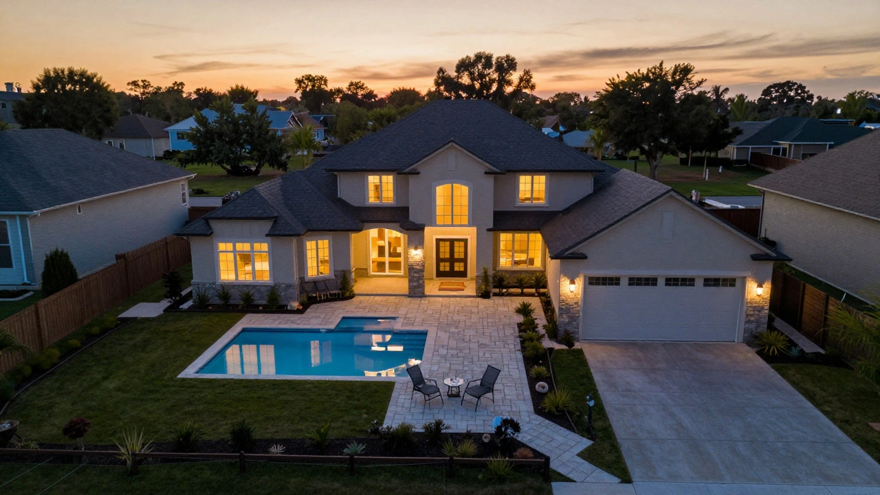 Drone view of a modern home at sunset with pool and landscaped backyard under golden light.