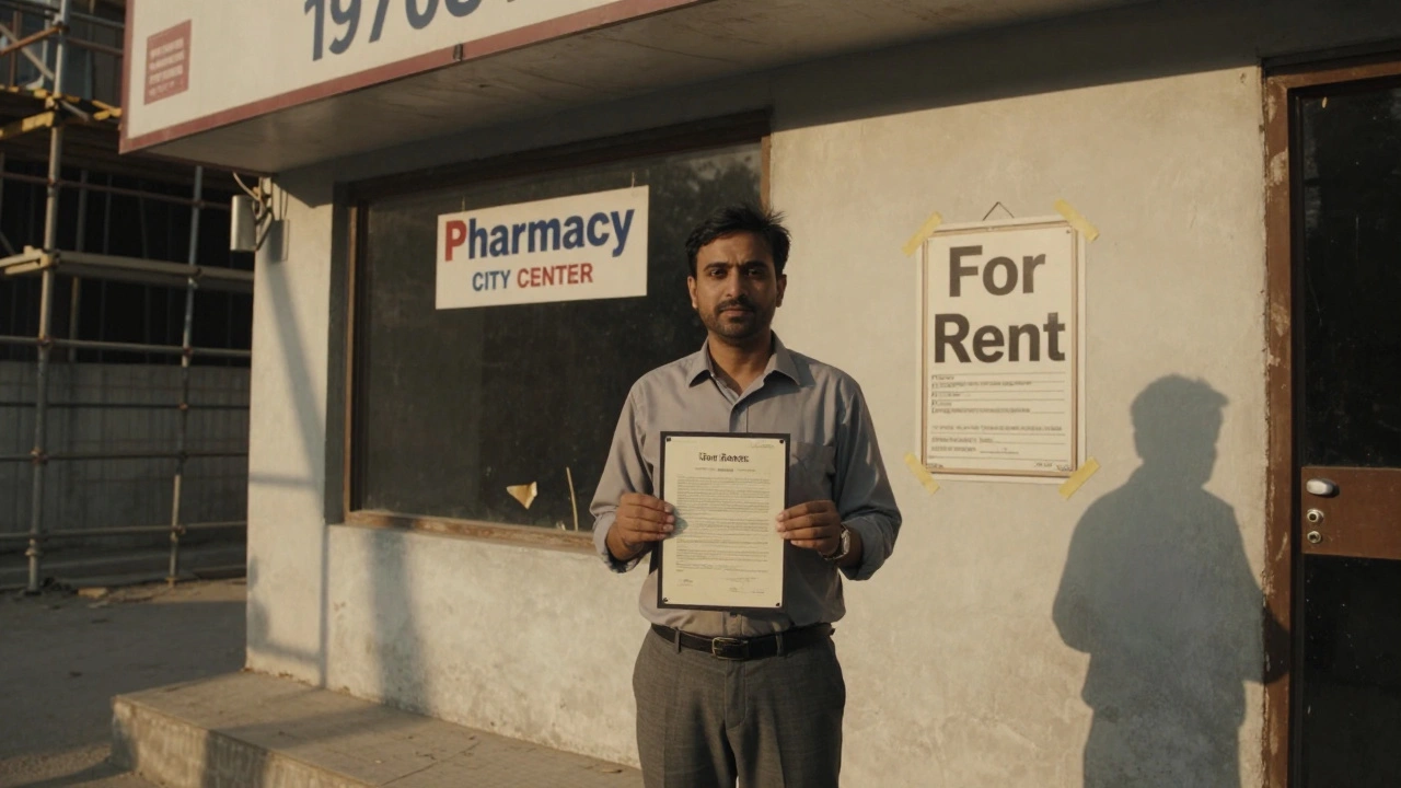 Entrepreneur standing before a renovated commercial building in Jalandhar with a pharmacy lease.