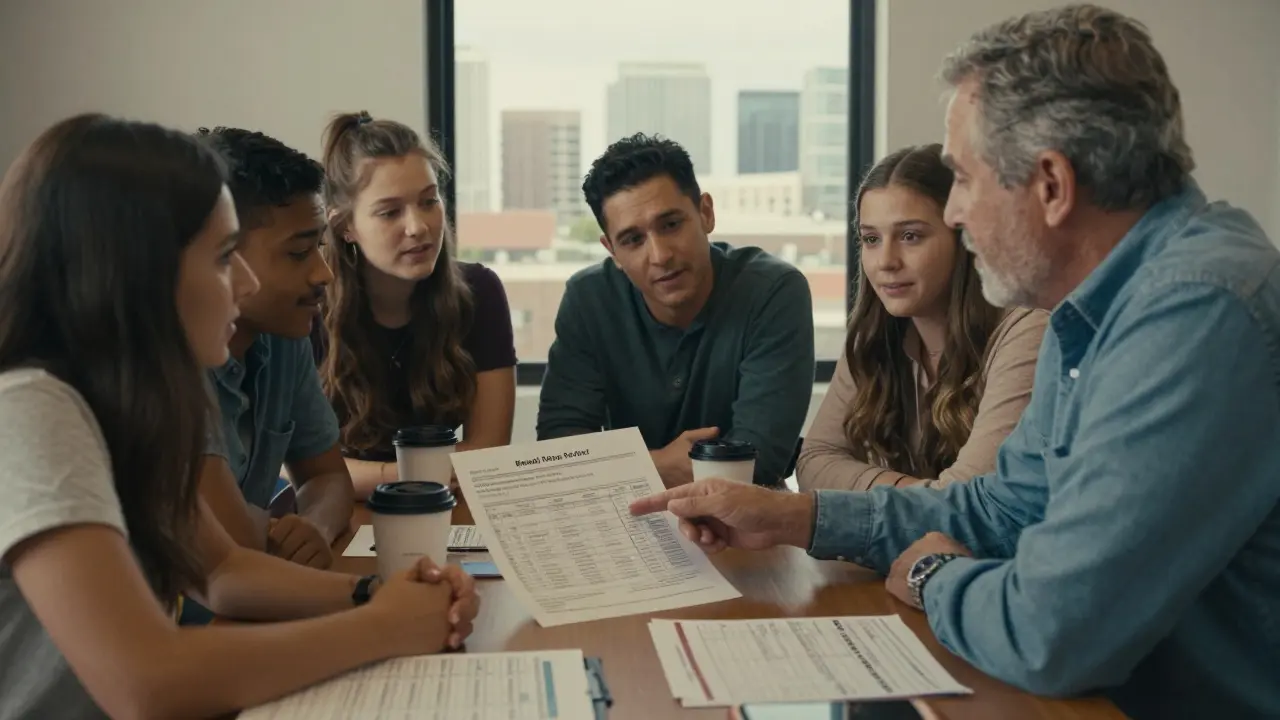 Experienced investor reviewing a property listing with beginners at a table, coffee and spreadsheet visible.