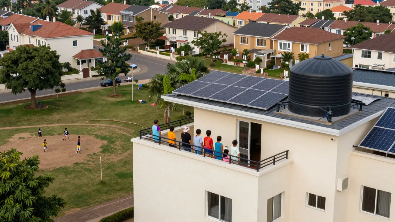 Family on balcony of eco-friendly apartment in Sector 26, children playing in nearby park.