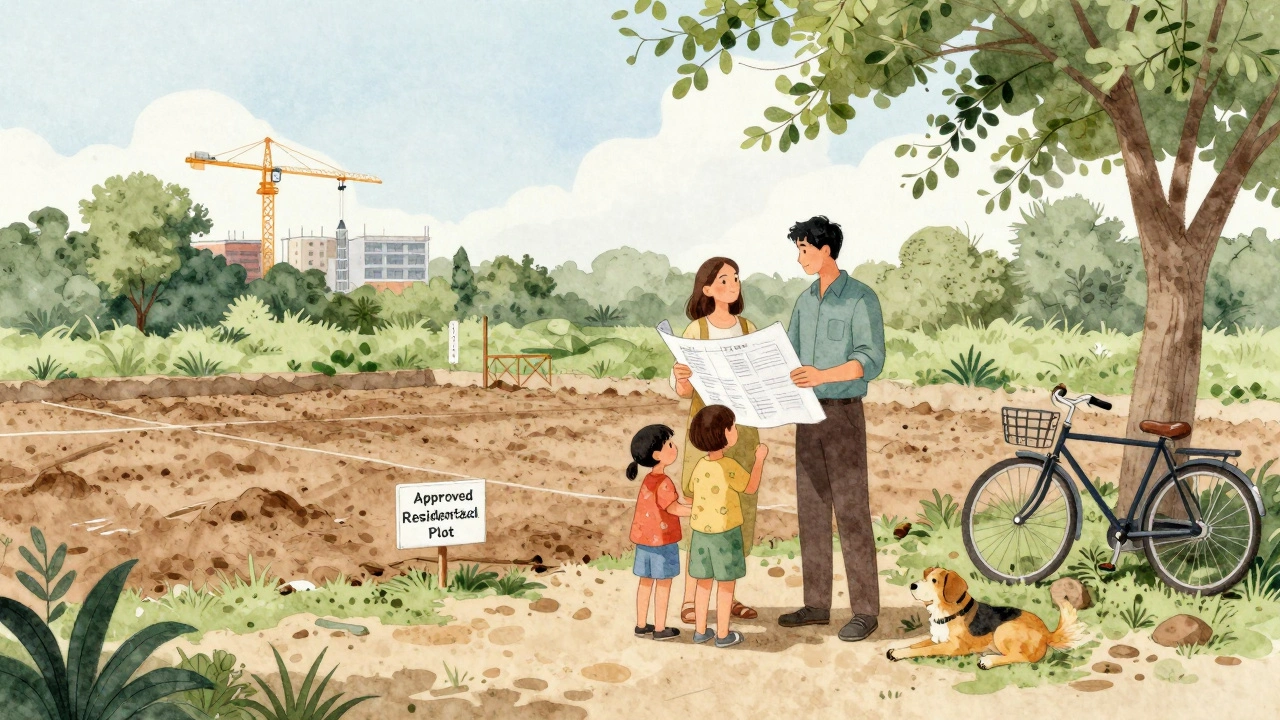 Family standing on a green plot in Peint, Aurangabad, holding blueprints with distant construction cranes.