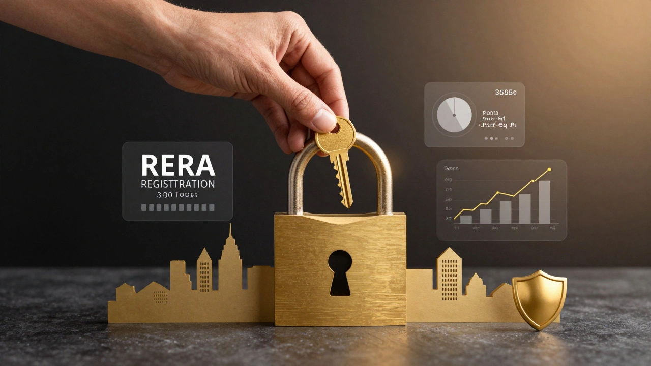Golden key inserted into a skyline-shaped lock surrounded by digital real estate symbols.