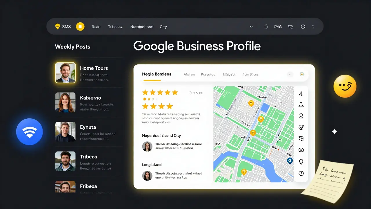 Google Business Profile dashboard with local posts, reviews, and heatmap showing high search interest in NYC neighborhoods.
