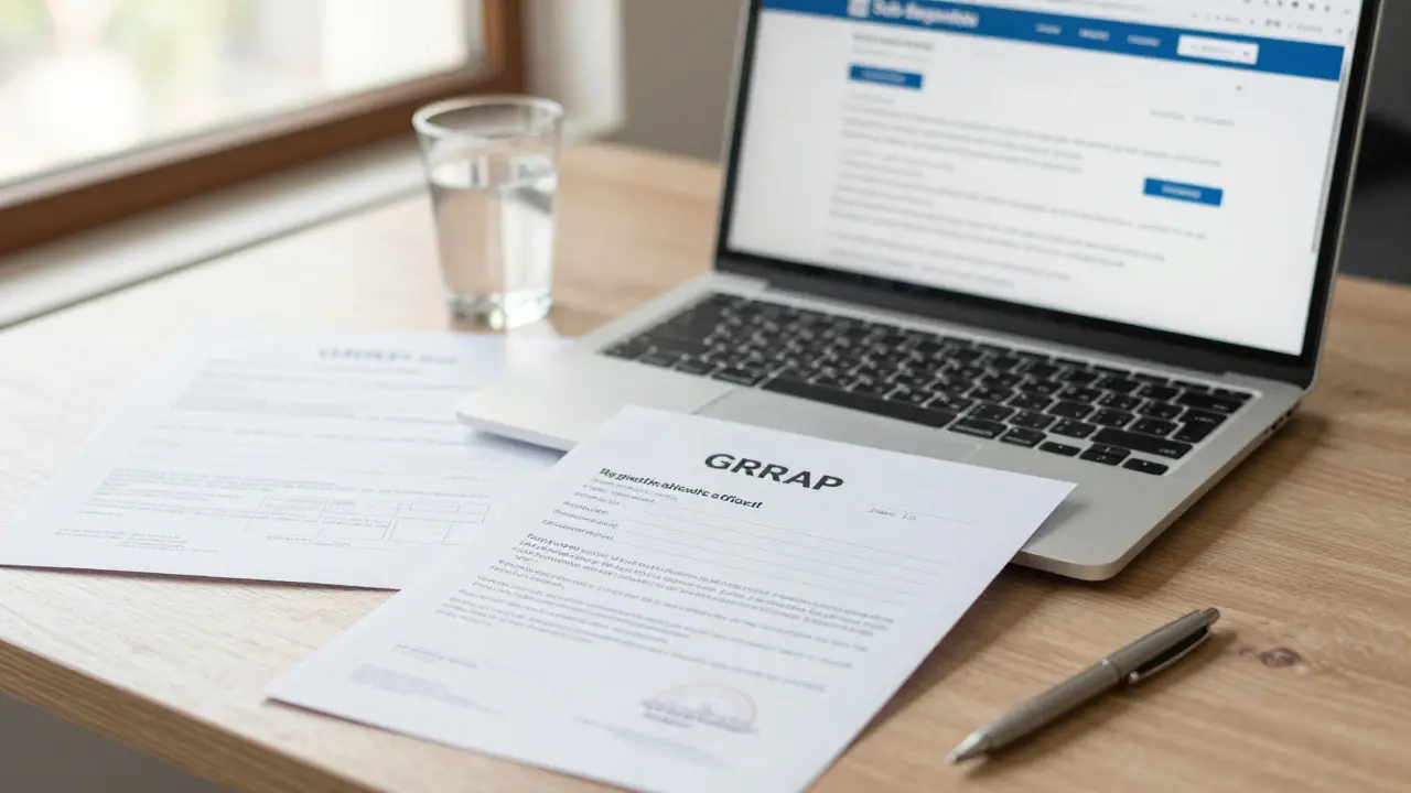GRRAP registration certificate and property documents on a desk in a professional real estate office.