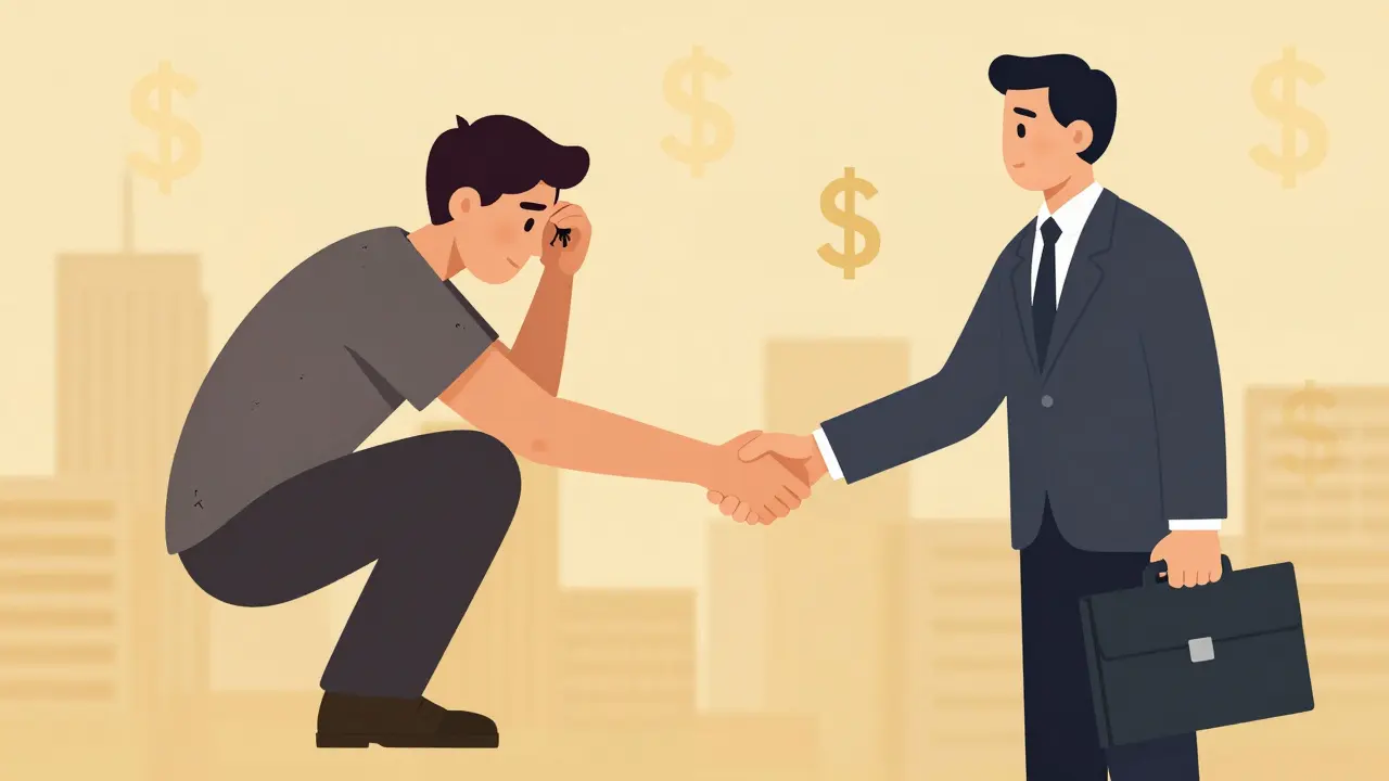 Handshake between a distressed homeowner and a cash investor over a floating contract with dollar signs in the background.