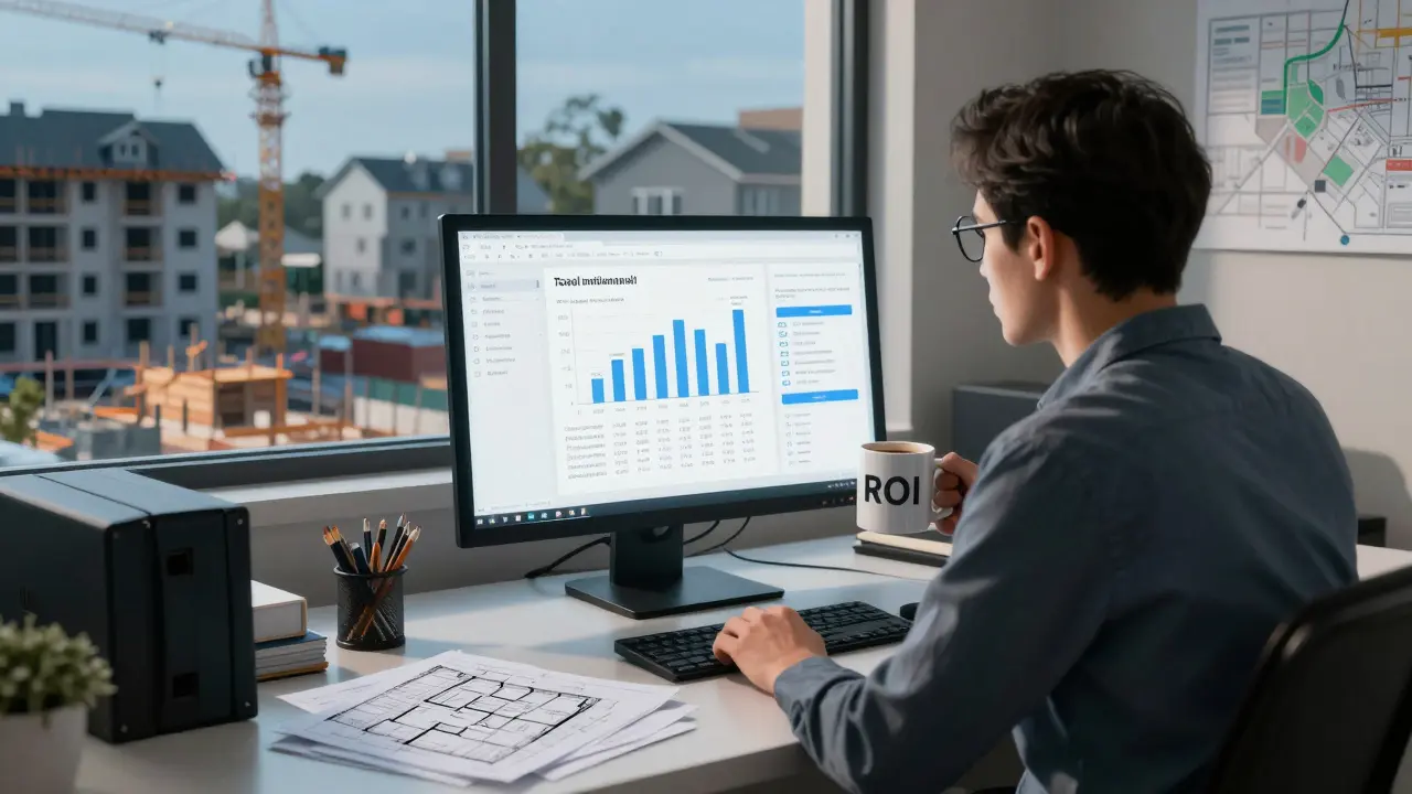 Investor analyzing rental property projections on a monitor with city maps in background.