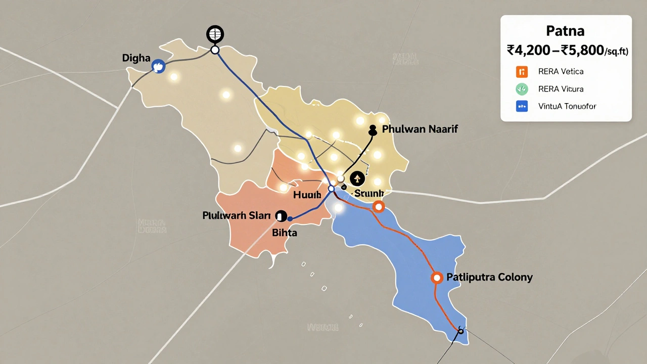 Map of Patna showing real estate hotspots with price trends and metro lines in minimalist style.