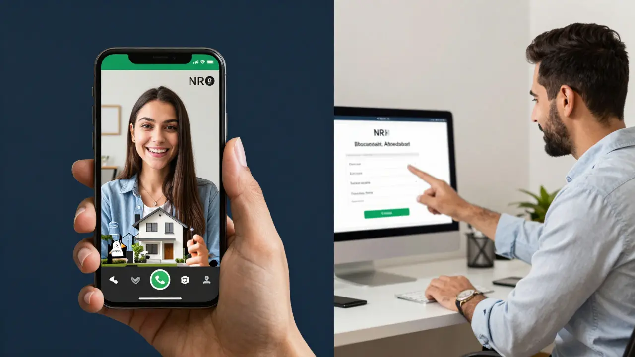 NRI client on video call with local agent viewing blockchain property verification on screen.