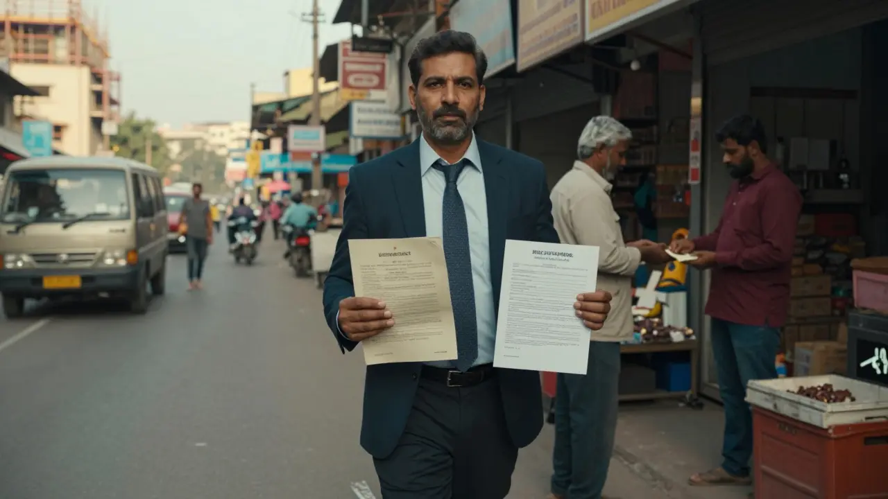 NRI investor inspecting property documents in Wankaner Road, with a shop rental transaction and metro construction in the background.