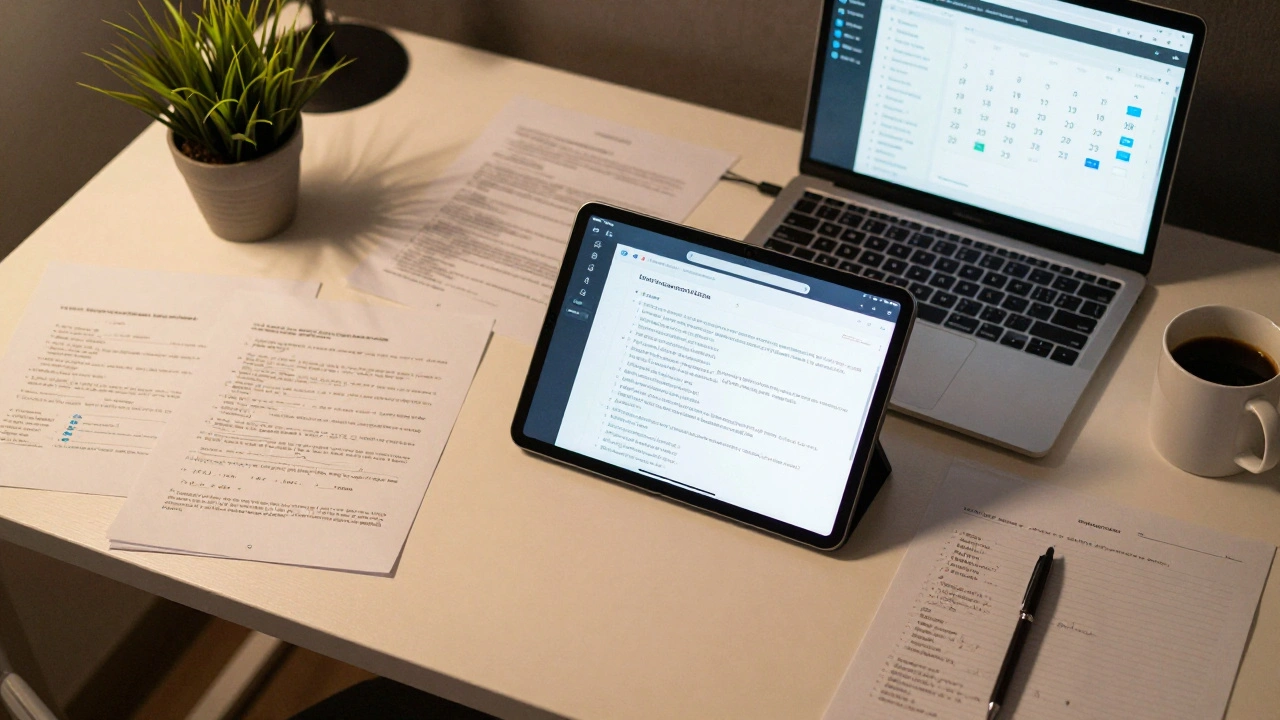 Overhead view of a tidy desk with tablets and laptops displaying real estate software interfaces and AI tools.