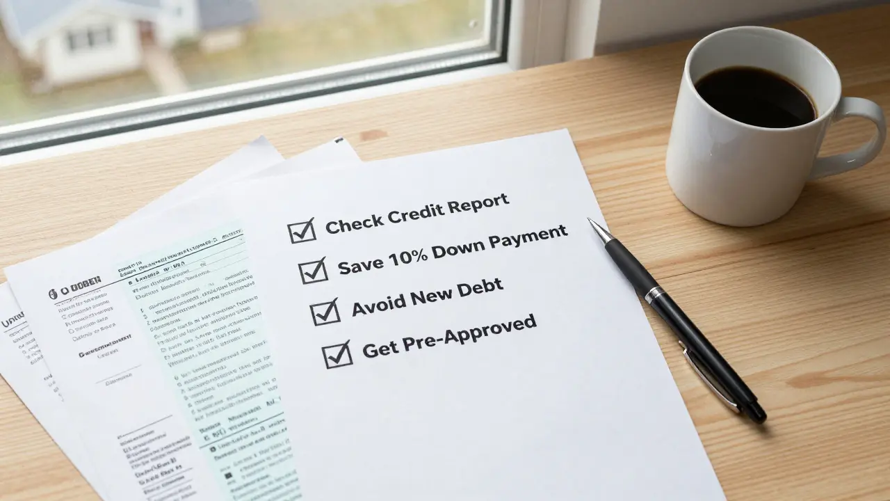 Overhead view of mortgage checklist with tax documents and bank statements on wooden desk