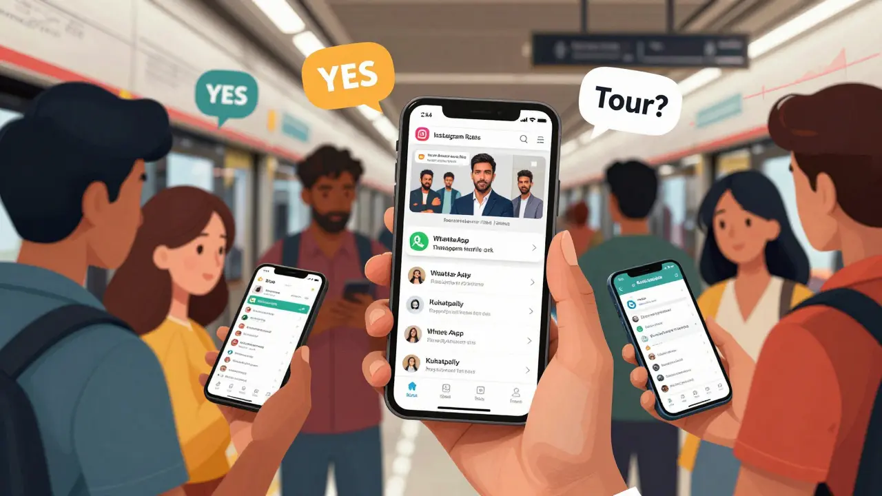 People on a Hyderabad metro scrolling phones displaying real estate apps like Instagram, WhatsApp, and Google Maps with property listings.